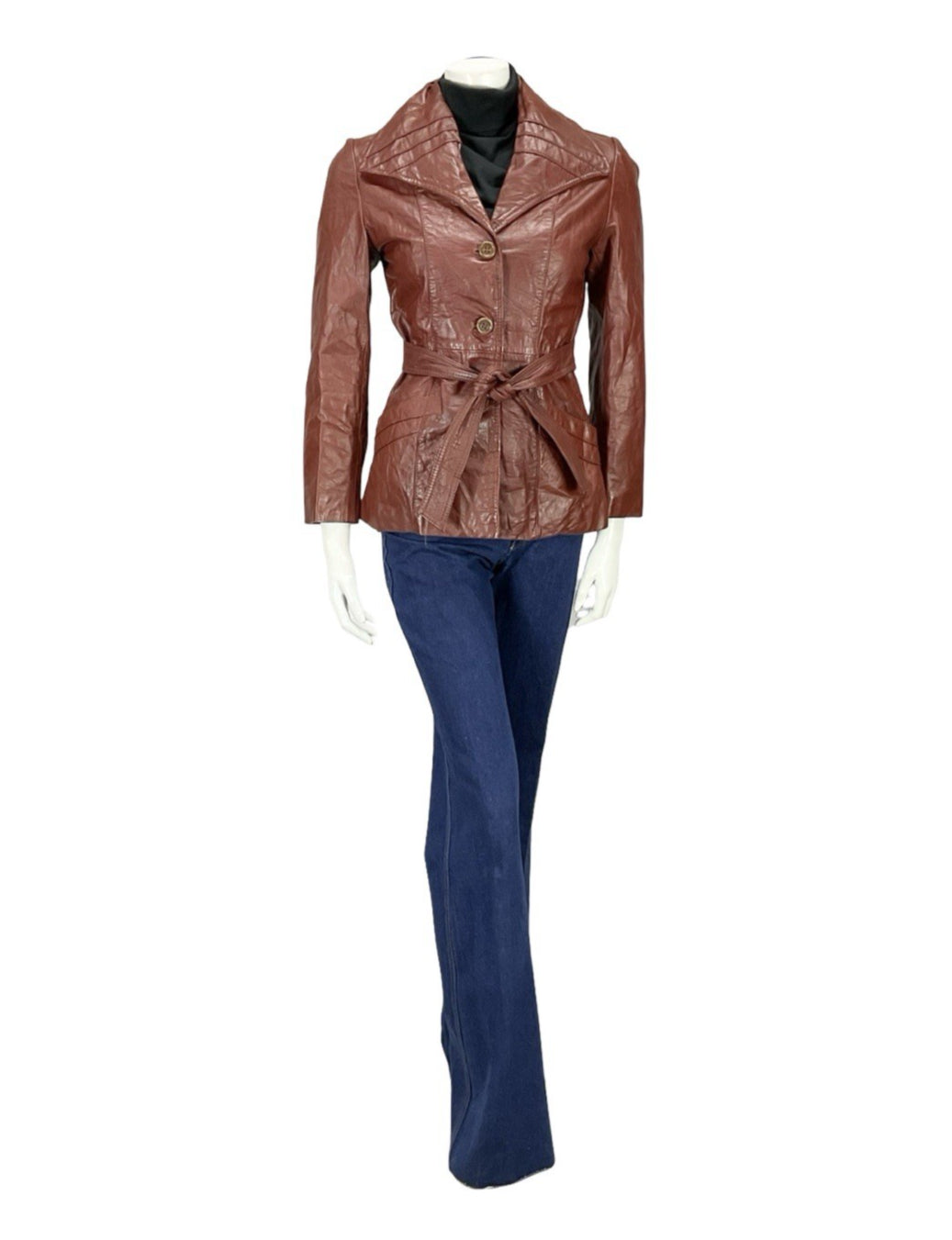 VTG 60S 70S BURGUNDY RED LEATHER GOTHIC DIAMOND COLLAR MOD TIE WAIST JACKET 8