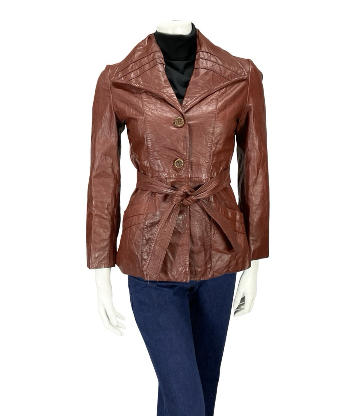 VTG 60S 70S BURGUNDY RED LEATHER GOTHIC DIAMOND COLLAR MOD TIE WAIST JACKET 8