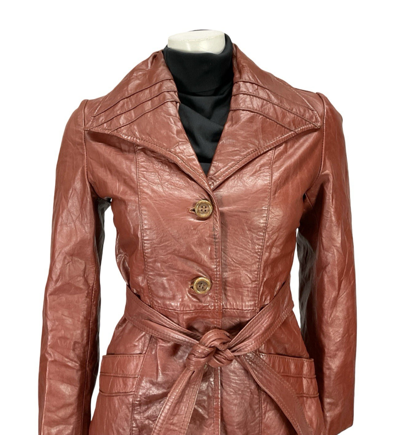 VTG 60S 70S BURGUNDY RED LEATHER GOTHIC DIAMOND COLLAR MOD TIE WAIST JACKET 8