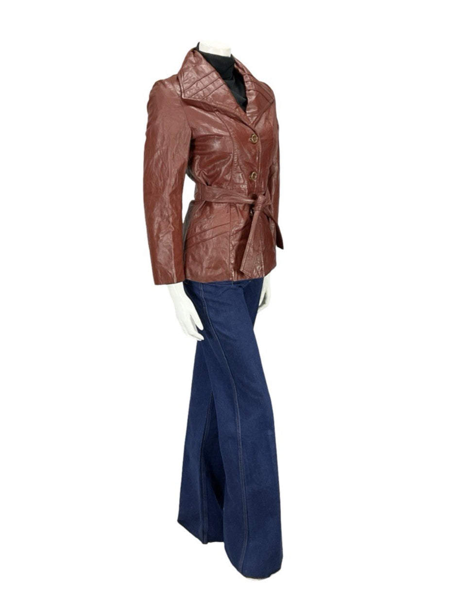 VTG 60S 70S BURGUNDY RED LEATHER GOTHIC DIAMOND COLLAR MOD TIE WAIST JACKET 8