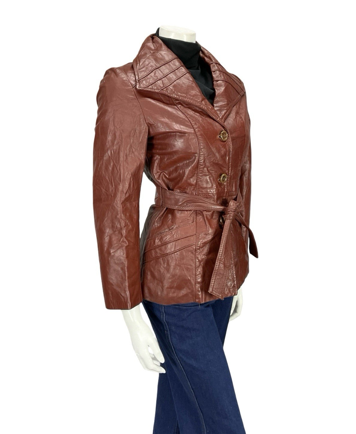 VTG 60S 70S BURGUNDY RED LEATHER GOTHIC DIAMOND COLLAR MOD TIE WAIST JACKET 8
