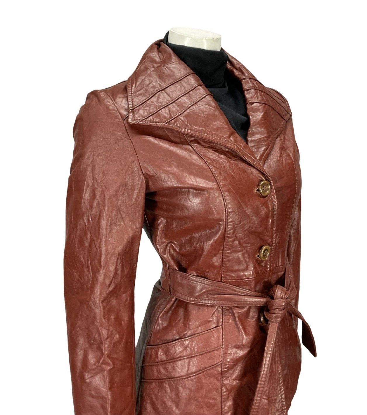 VTG 60S 70S BURGUNDY RED LEATHER GOTHIC DIAMOND COLLAR MOD TIE WAIST JACKET 8