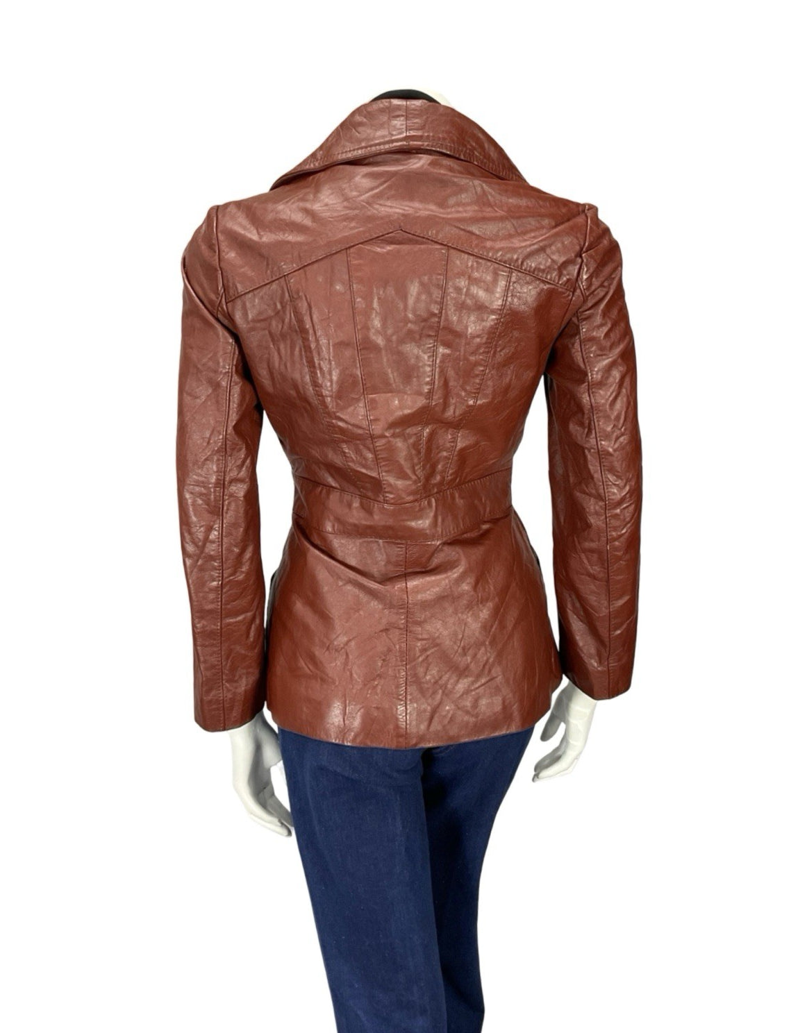 VTG 60S 70S BURGUNDY RED LEATHER GOTHIC DIAMOND COLLAR MOD TIE WAIST JACKET 8