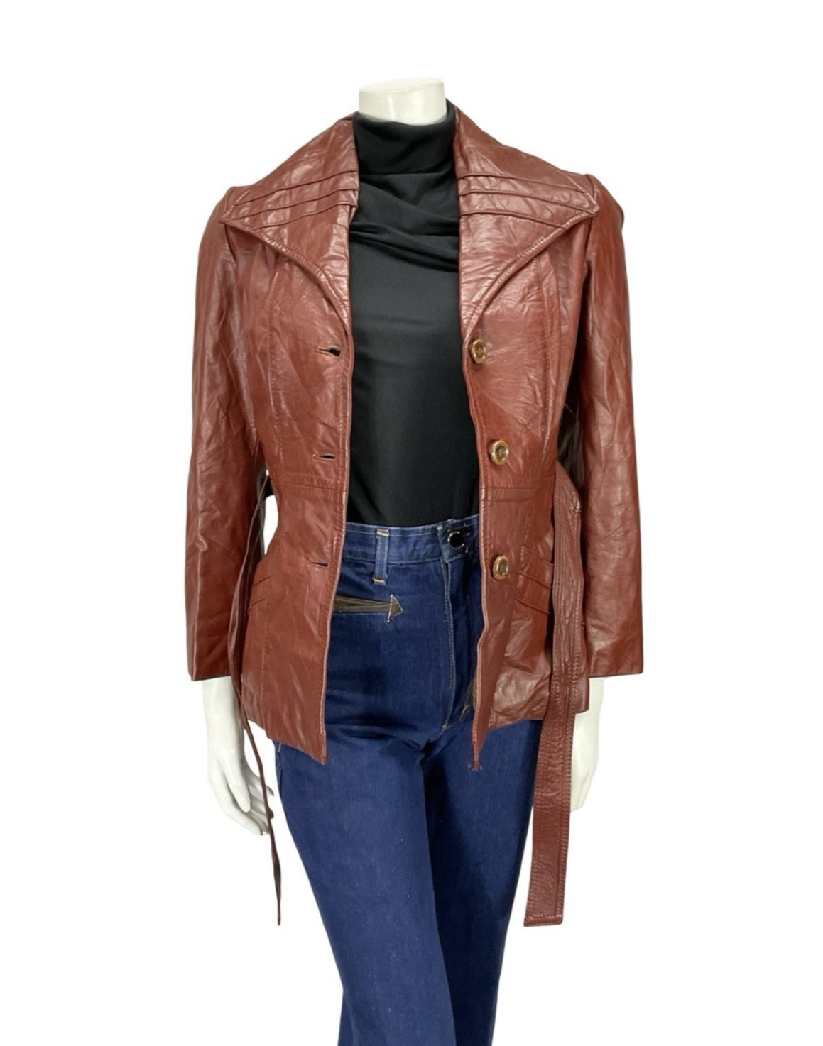 VTG 60S 70S BURGUNDY RED LEATHER GOTHIC DIAMOND COLLAR MOD TIE WAIST JACKET 8