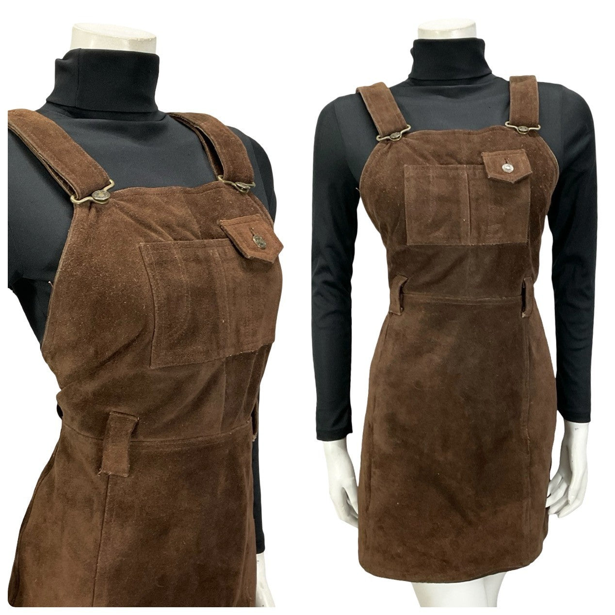 VTG 60S 70S DARK BROWN SUEDE HIPPY BOHO PINAFORE MINI DRESS WITH POCKET 10
