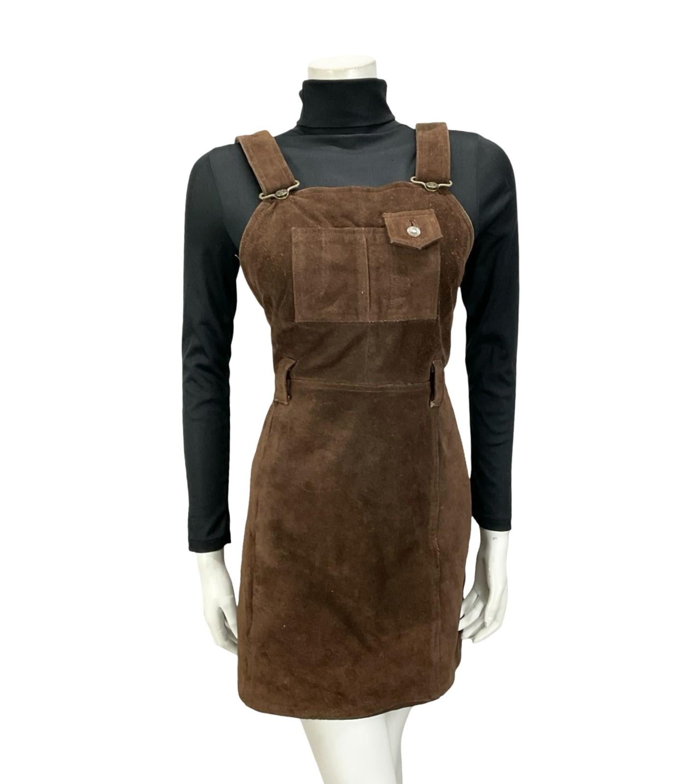 VTG 60S 70S DARK BROWN SUEDE HIPPY BOHO PINAFORE MINI DRESS WITH POCKET 10