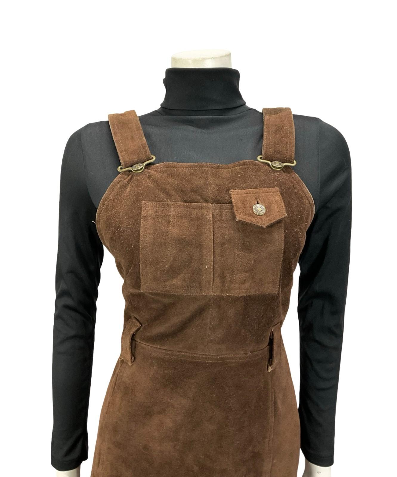 VTG 60S 70S DARK BROWN SUEDE HIPPY BOHO PINAFORE MINI DRESS WITH POCKET 10