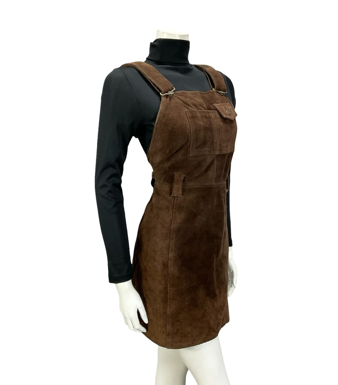 VTG 60S 70S DARK BROWN SUEDE HIPPY BOHO PINAFORE MINI DRESS WITH POCKET 10