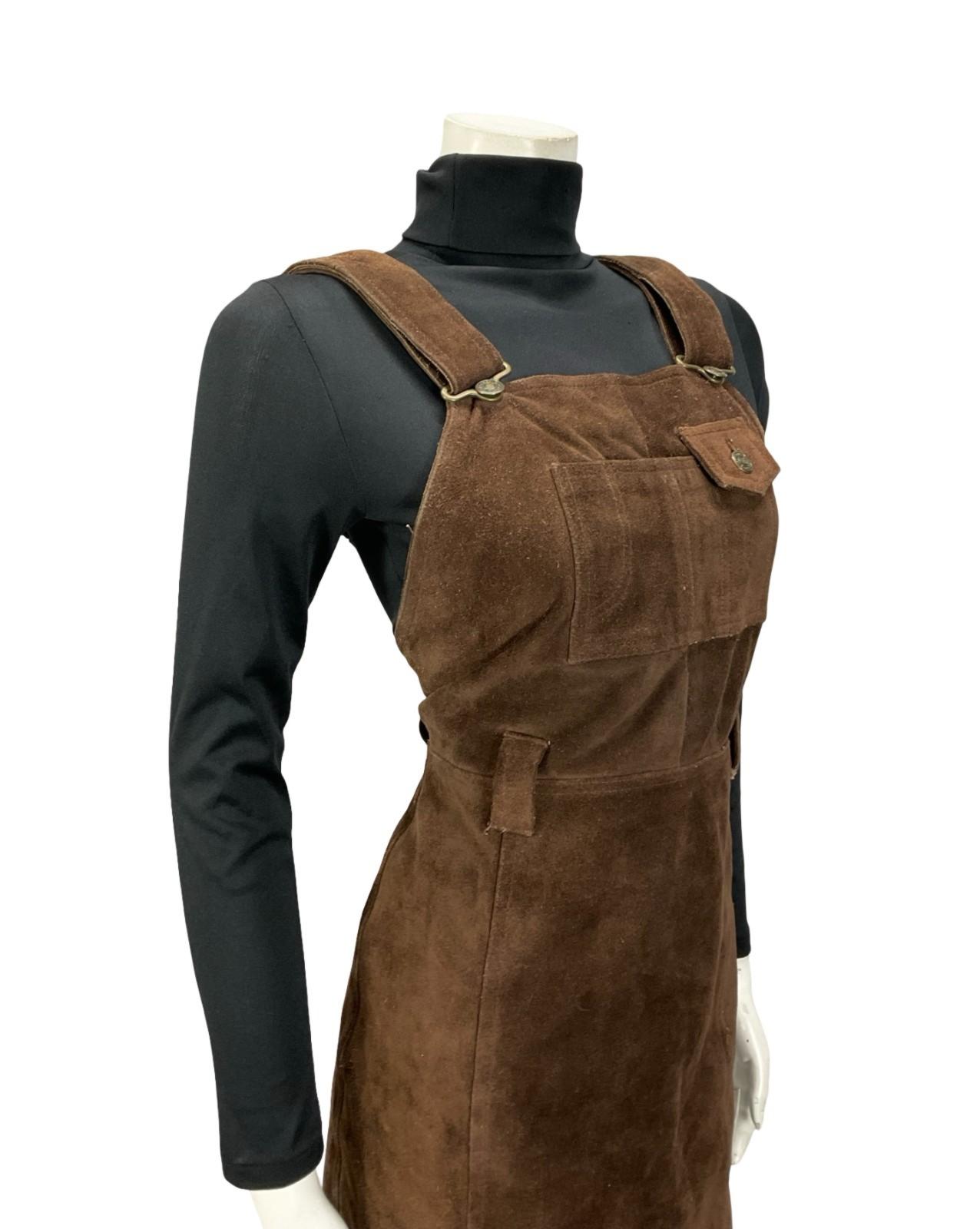 VTG 60S 70S DARK BROWN SUEDE HIPPY BOHO PINAFORE MINI DRESS WITH POCKET 10