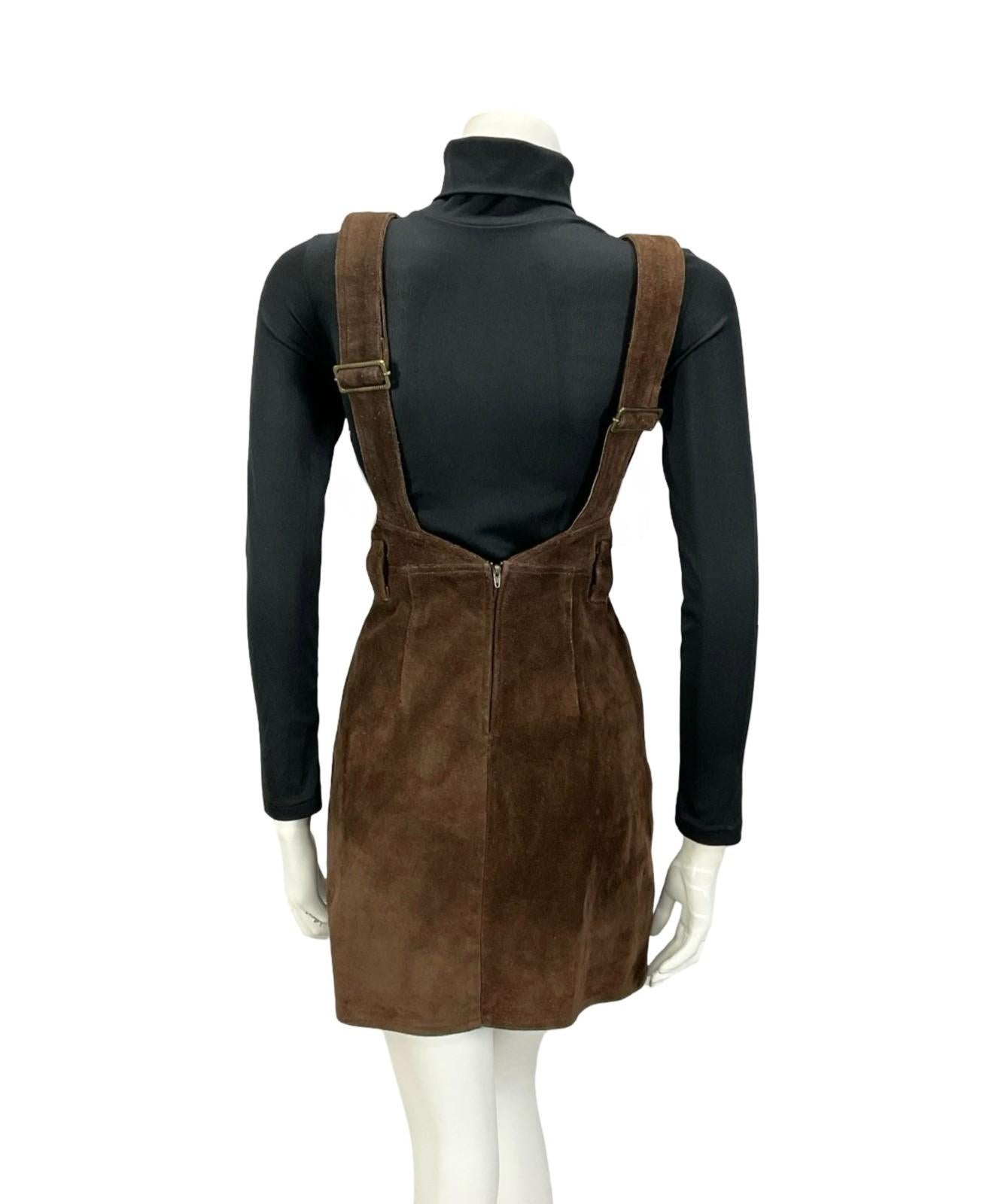 VTG 60S 70S DARK BROWN SUEDE HIPPY BOHO PINAFORE MINI DRESS WITH POCKET 10