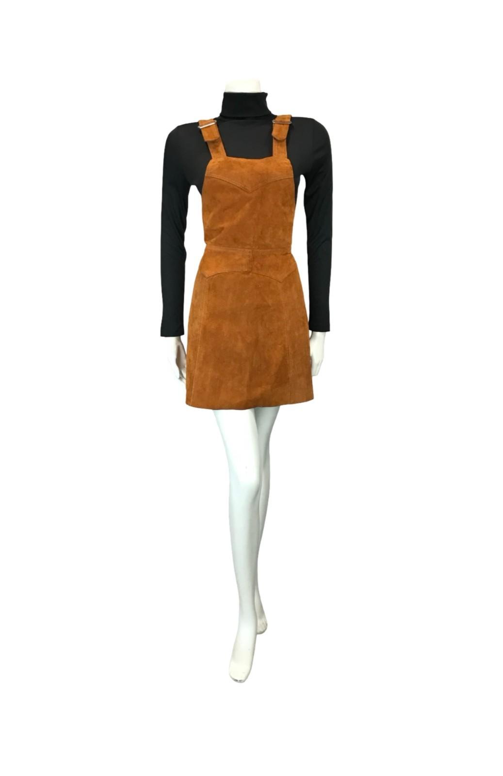 VTG 60S 70S WARM BROWN SUEDE HIPPY A LINE PINAFORE BOHO DRESS 8