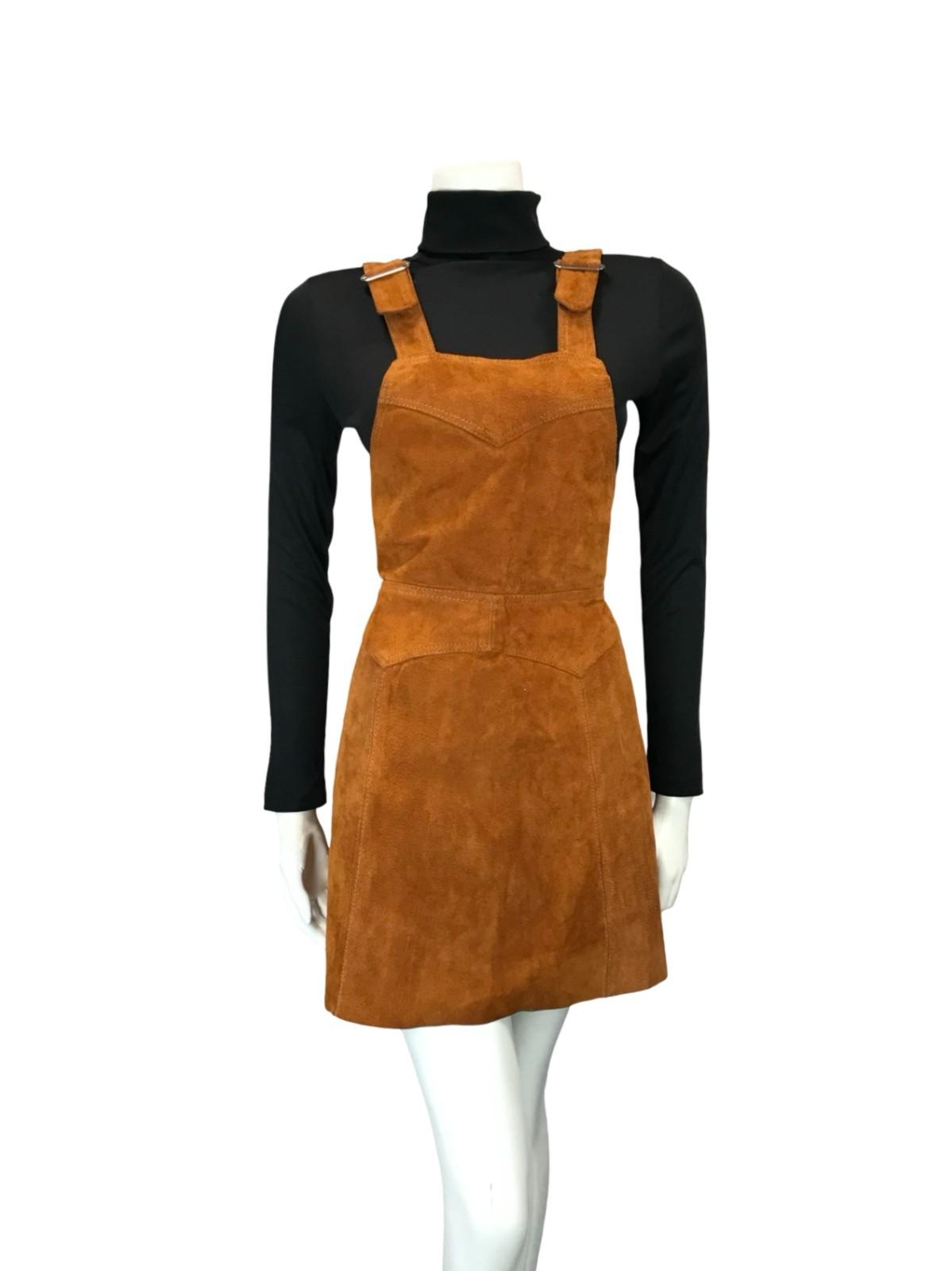 VTG 60S 70S WARM BROWN SUEDE HIPPY A LINE PINAFORE BOHO DRESS 8