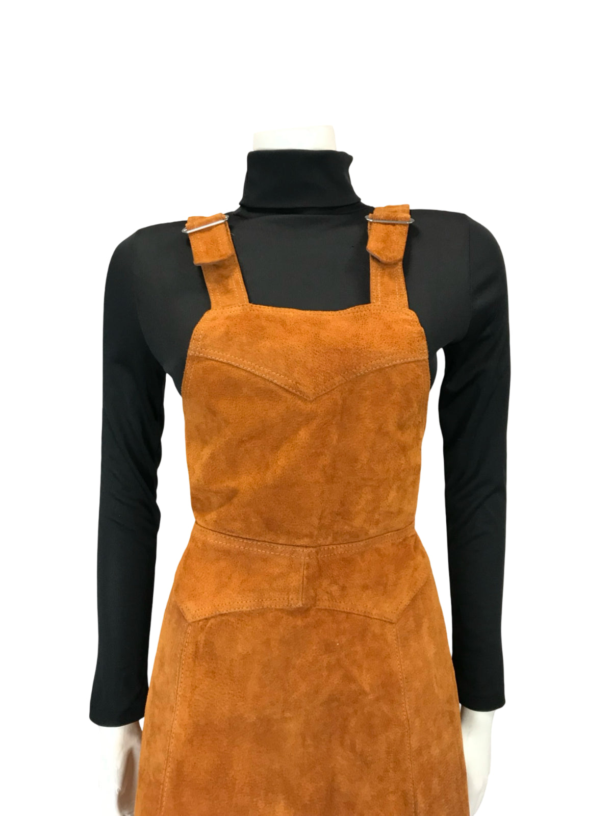 VTG 60S 70S WARM BROWN SUEDE HIPPY A LINE PINAFORE BOHO DRESS 8