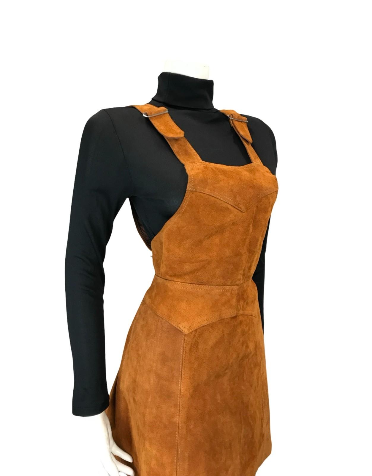 VTG 60S 70S WARM BROWN SUEDE HIPPY A LINE PINAFORE BOHO DRESS 8