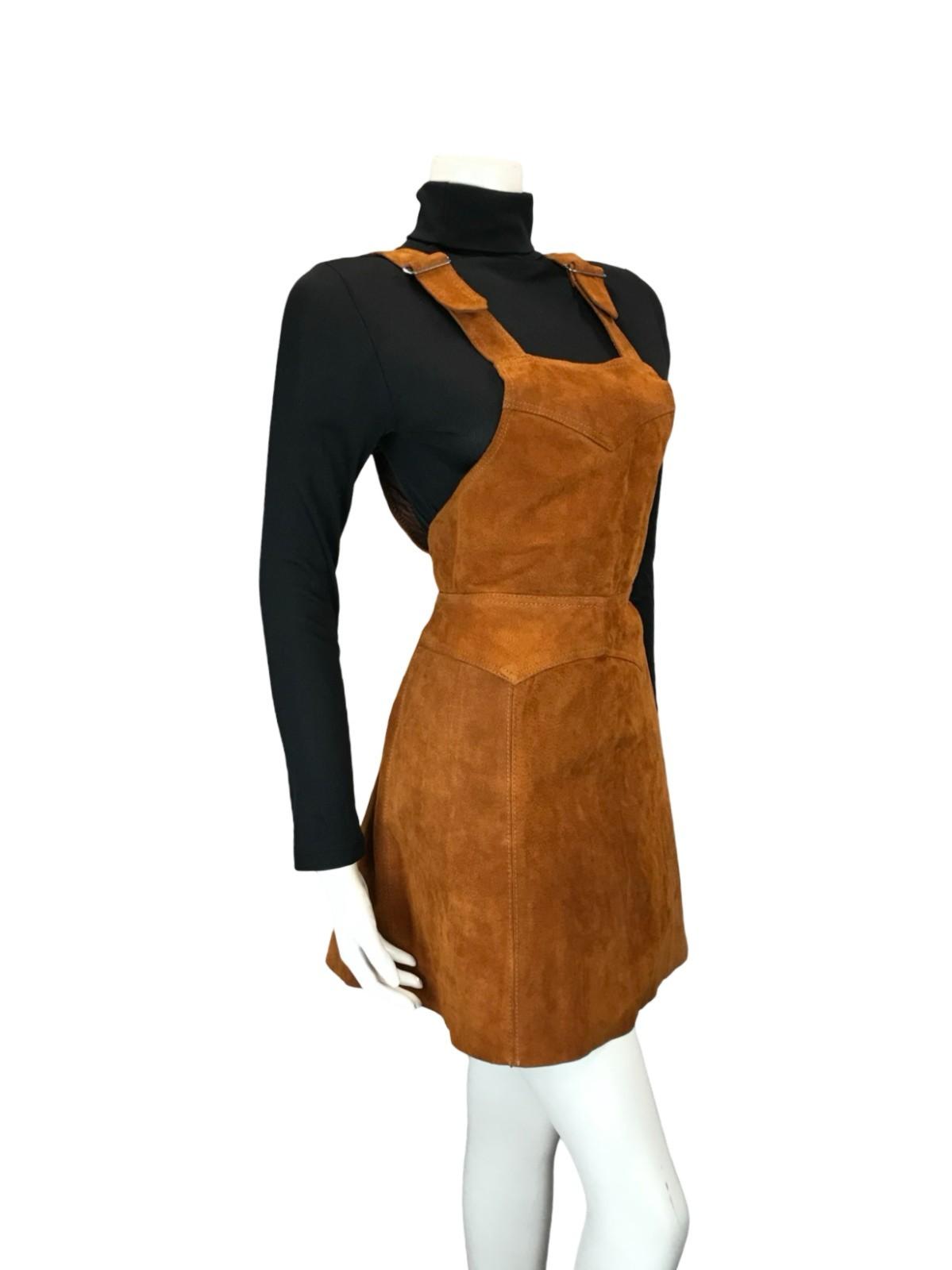 VTG 60S 70S WARM BROWN SUEDE HIPPY A LINE PINAFORE BOHO DRESS 8