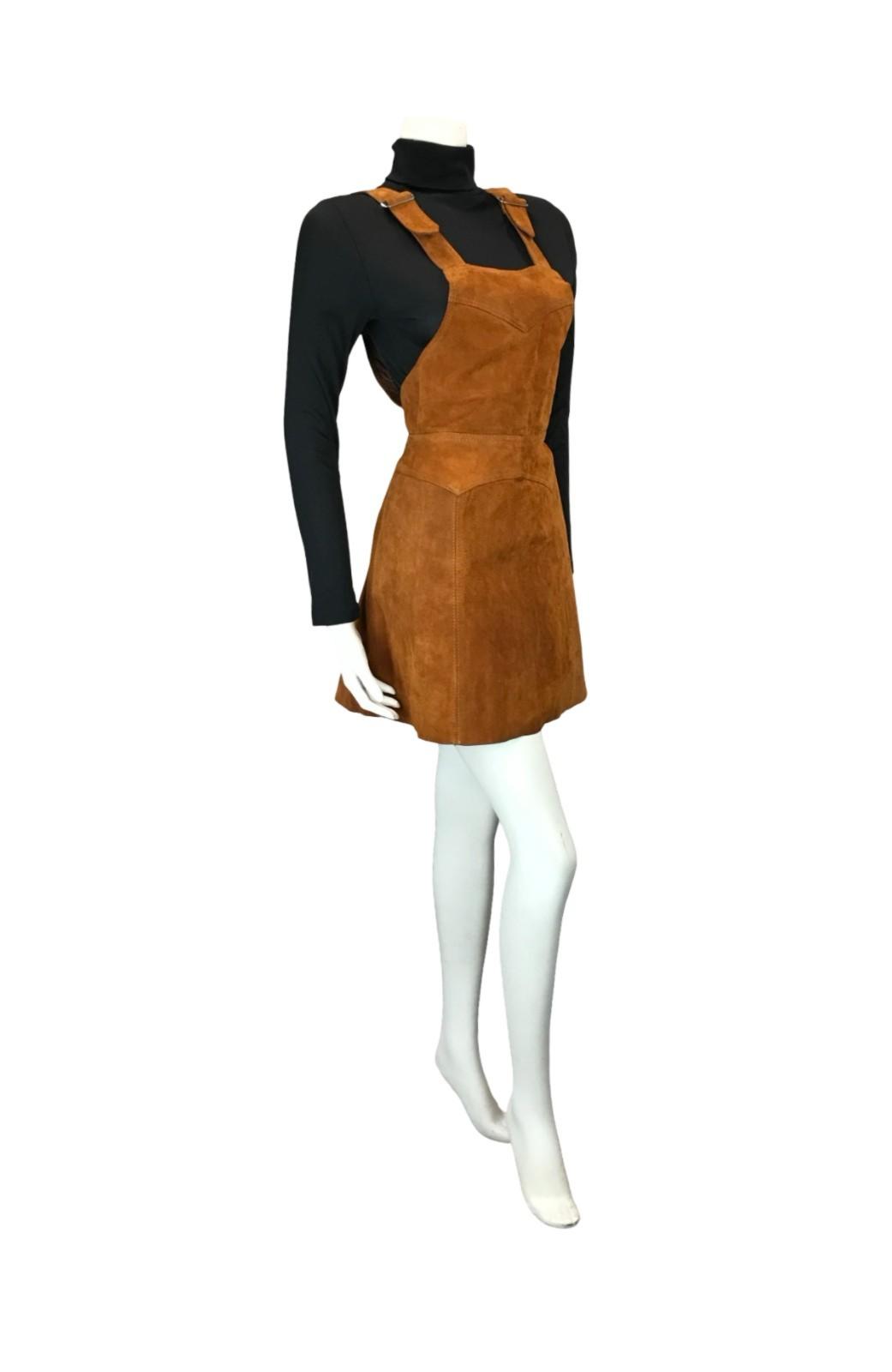 VTG 60S 70S WARM BROWN SUEDE HIPPY A LINE PINAFORE BOHO DRESS 8