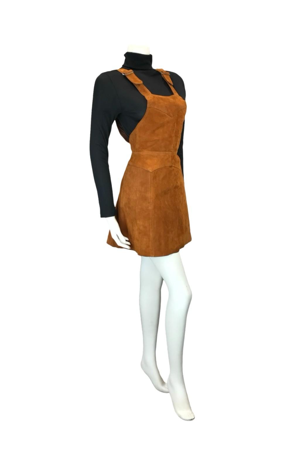 VTG 60S 70S WARM BROWN SUEDE HIPPY A LINE PINAFORE BOHO DRESS 8