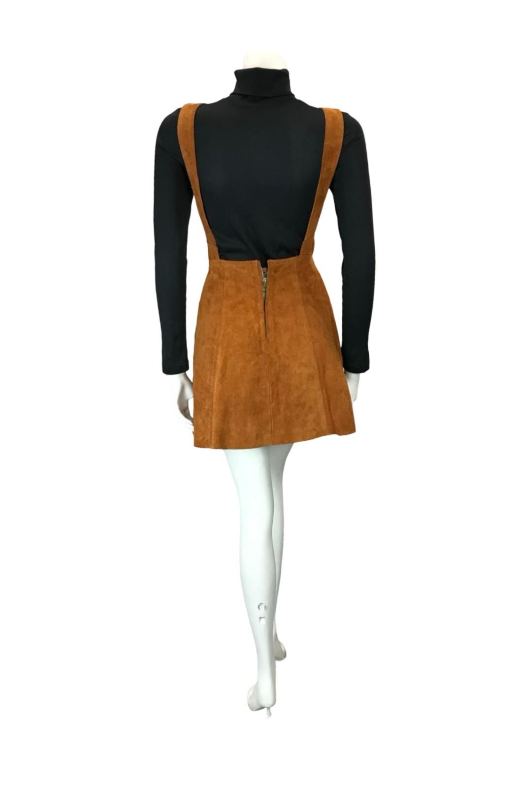 VTG 60S 70S WARM BROWN SUEDE HIPPY A LINE PINAFORE BOHO DRESS 8