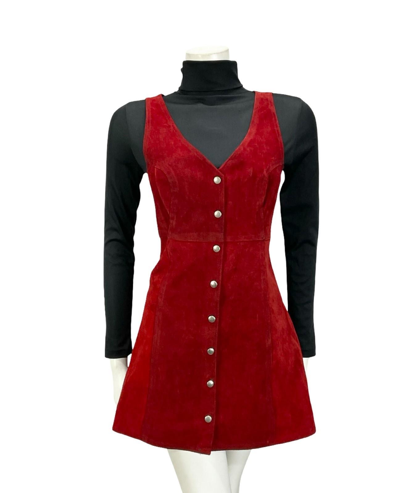VINTAGE 60S 70S RED SUEDE HIPPY MOD BOHO EMPIRE MINI DRESS 8 10 S