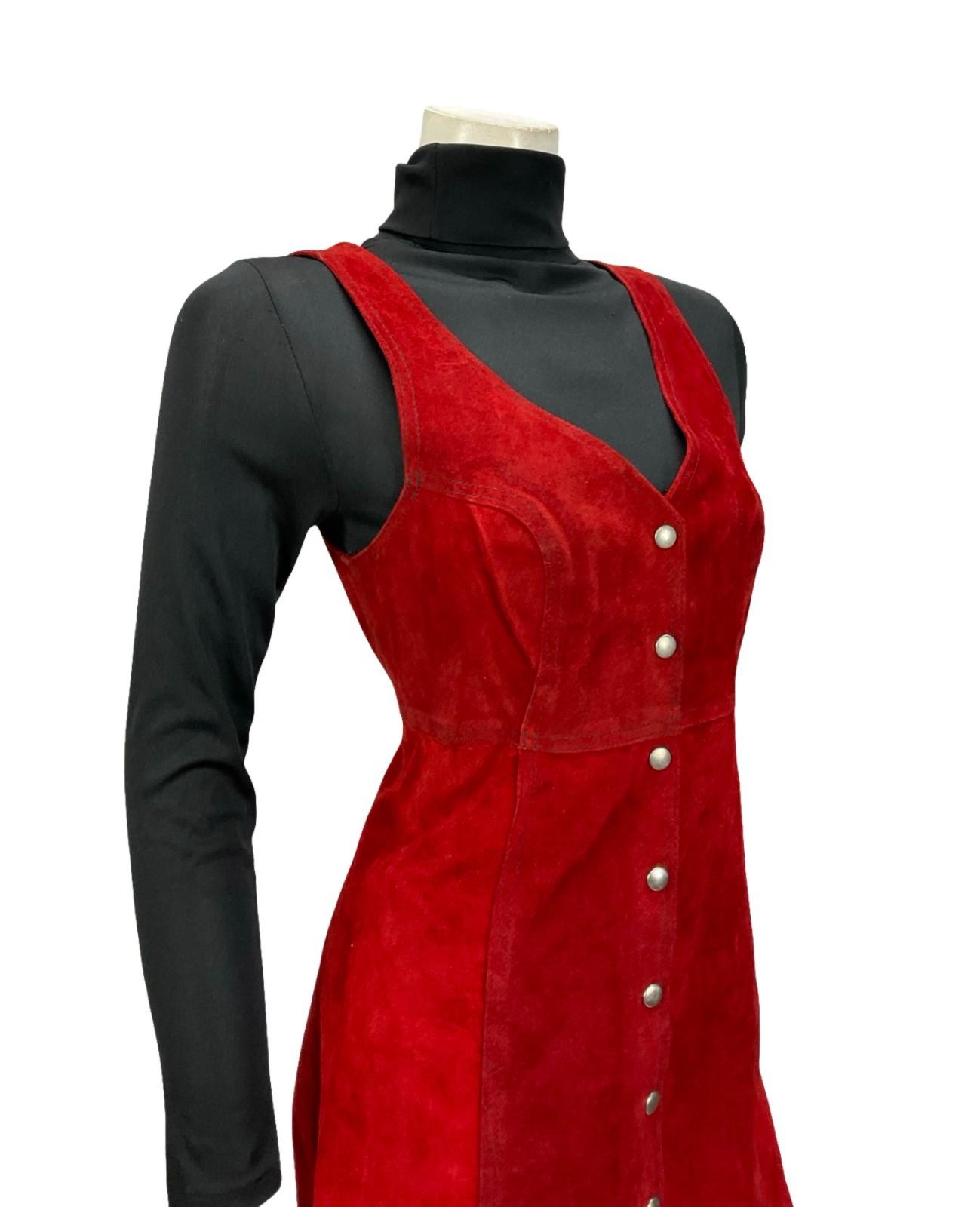 VINTAGE 60S 70S RED SUEDE HIPPY MOD BOHO EMPIRE MINI DRESS 8 10 S