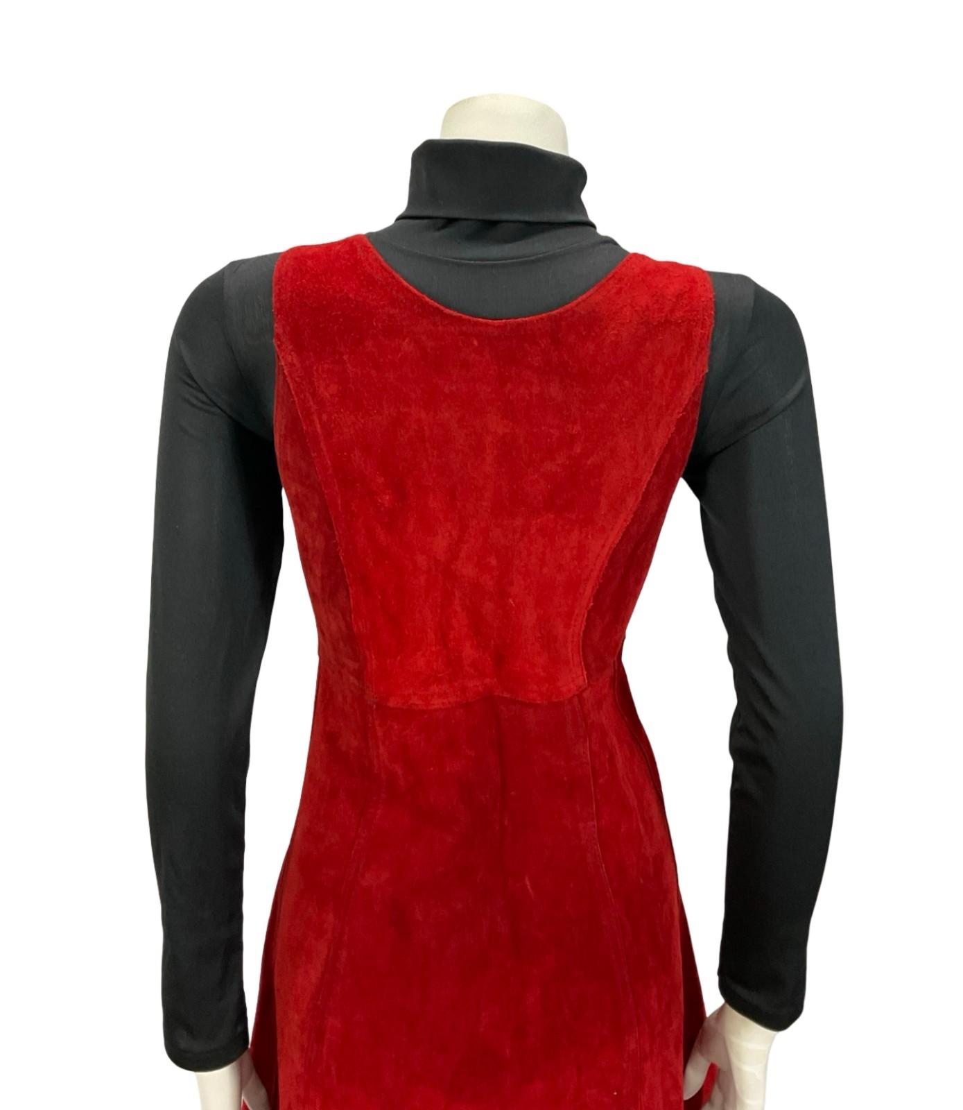 VINTAGE 60S 70S RED SUEDE HIPPY MOD BOHO EMPIRE MINI DRESS 8 10 S