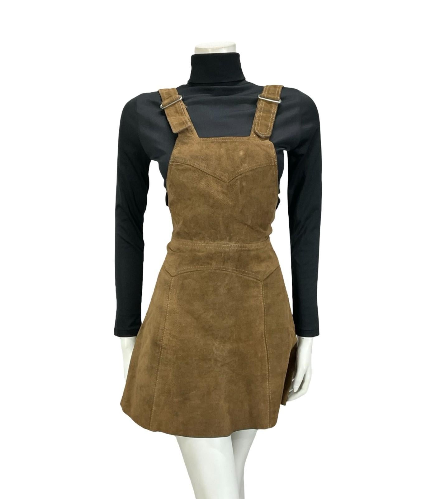 VTG 60S 70S BROWN SUEDE HIPPY BOHO WESTERN A LINE MINI PINAFORE DRESS XS 6