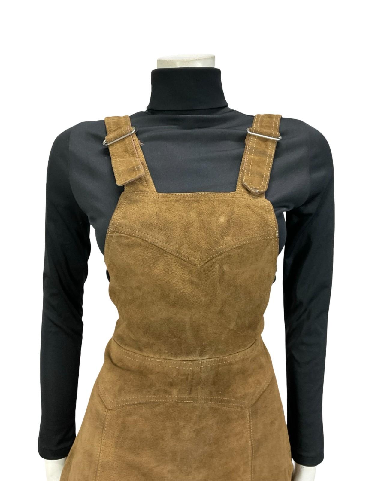 VTG 60S 70S BROWN SUEDE HIPPY BOHO WESTERN A LINE MINI PINAFORE DRESS XS 6