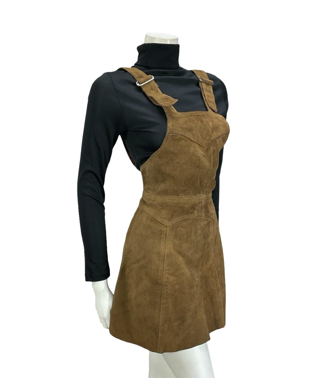 VTG 60S 70S BROWN SUEDE HIPPY BOHO WESTERN A LINE MINI PINAFORE DRESS XS 6