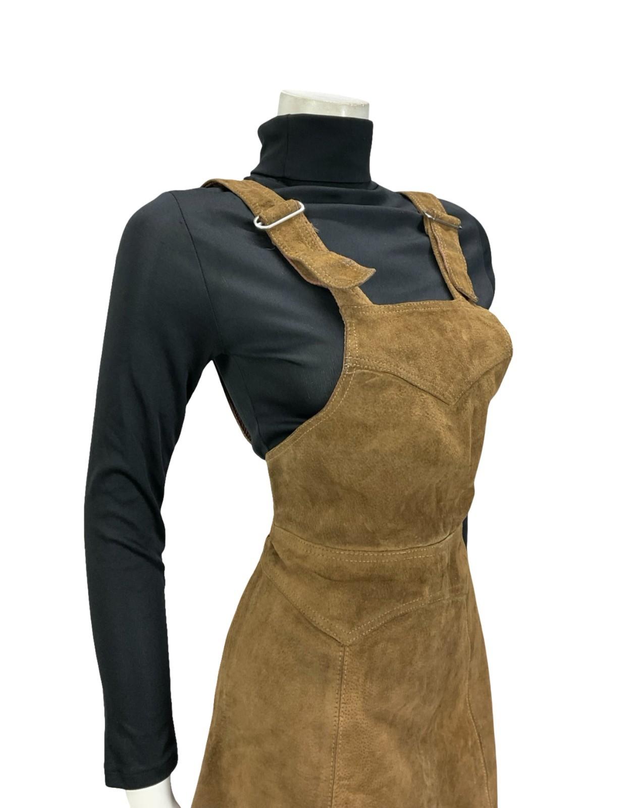 VTG 60S 70S BROWN SUEDE HIPPY BOHO WESTERN A LINE MINI PINAFORE DRESS XS 6