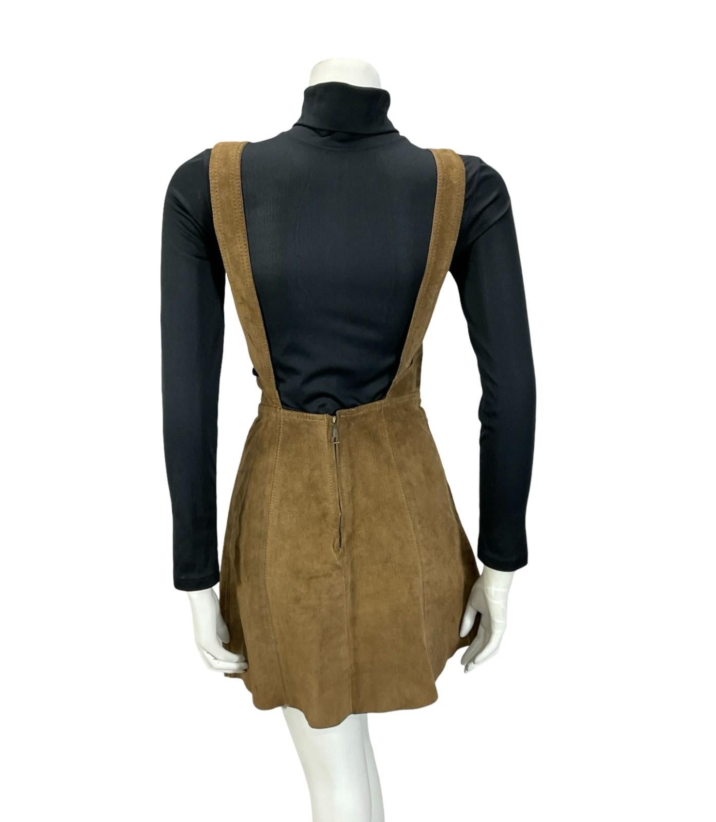 VTG 60S 70S BROWN SUEDE HIPPY BOHO WESTERN A LINE MINI PINAFORE DRESS XS 6