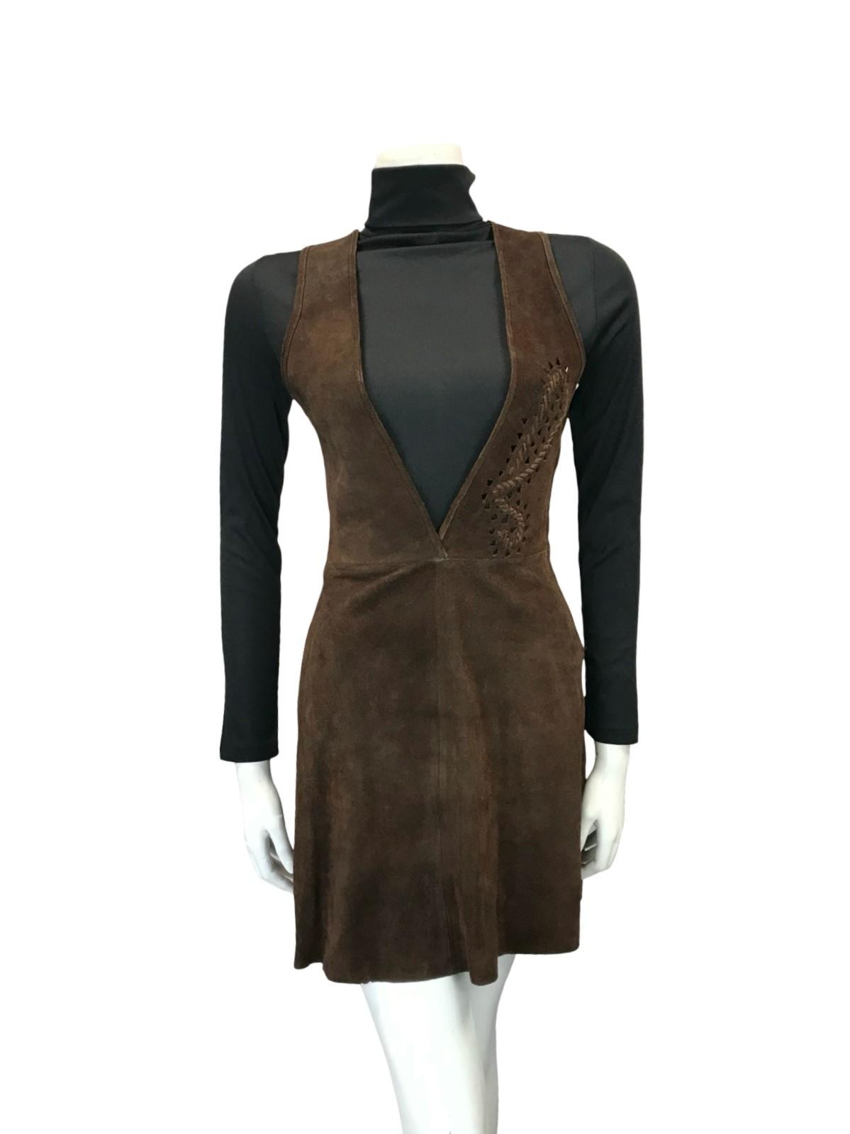VTG 60S 70S DARK BROWN SUEDE PLUNGE HIPPY BOHO BUTTERFLY PINAFORE DRESS 6 8