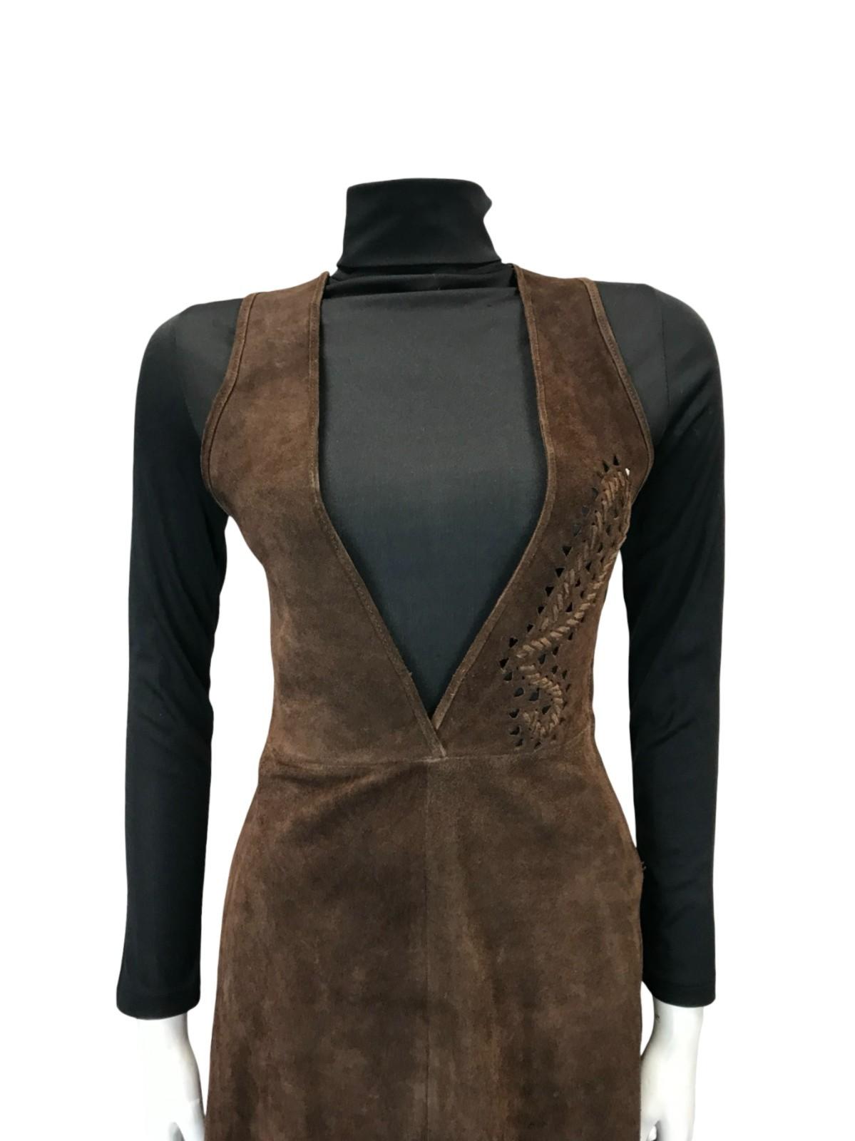 VTG 60S 70S DARK BROWN SUEDE PLUNGE HIPPY BOHO BUTTERFLY PINAFORE DRESS 6 8