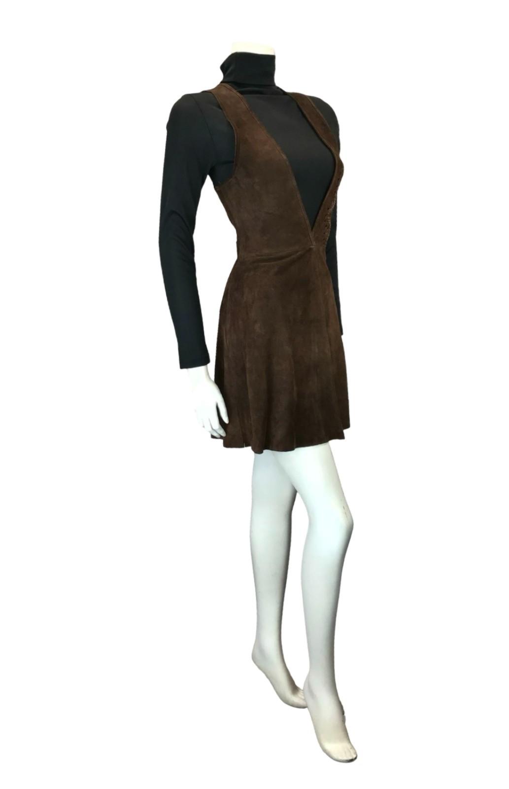 VTG 60S 70S DARK BROWN SUEDE PLUNGE HIPPY BOHO BUTTERFLY PINAFORE DRESS 6 8