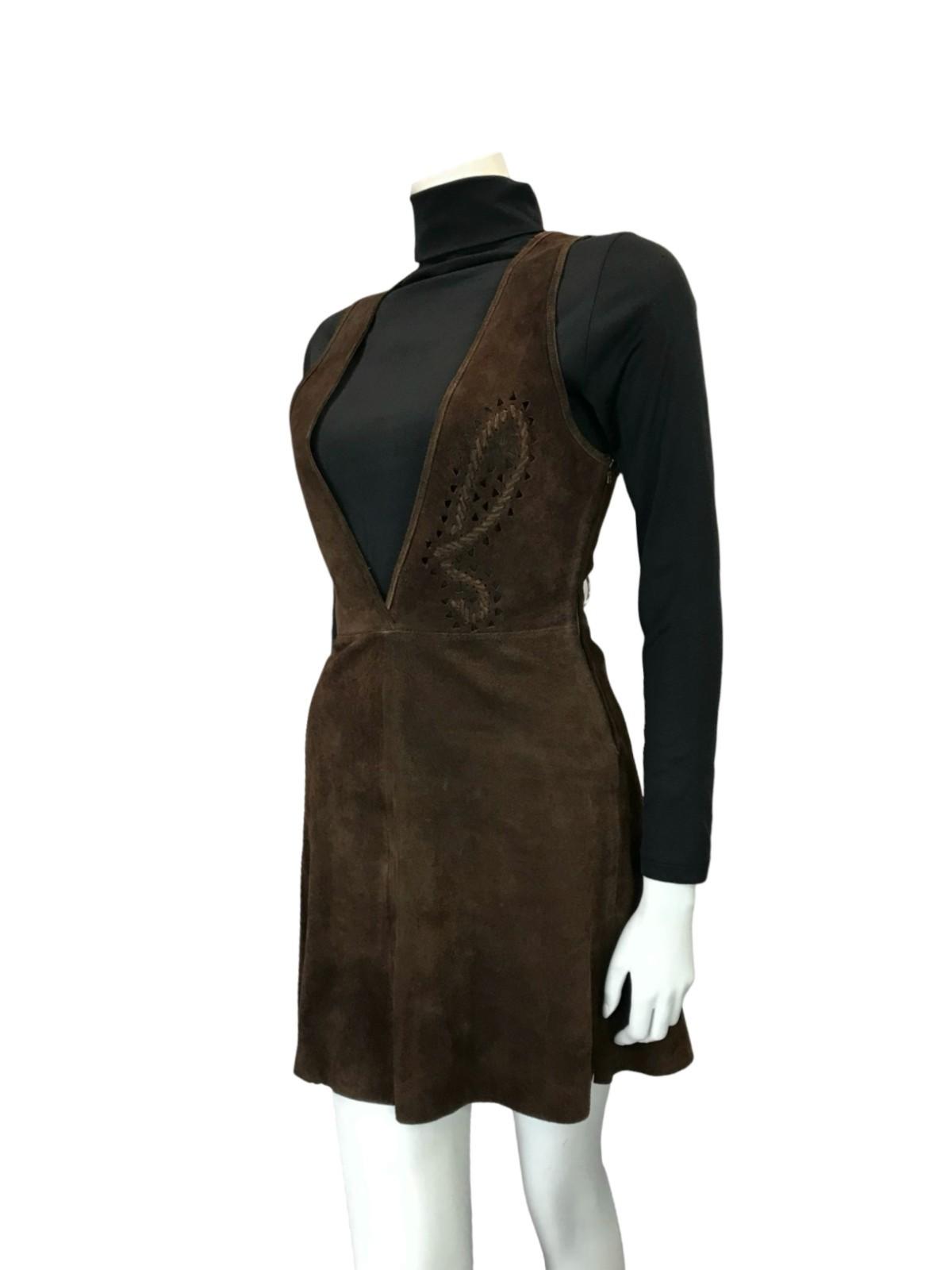VTG 60S 70S DARK BROWN SUEDE PLUNGE HIPPY BOHO BUTTERFLY PINAFORE DRESS 6 8