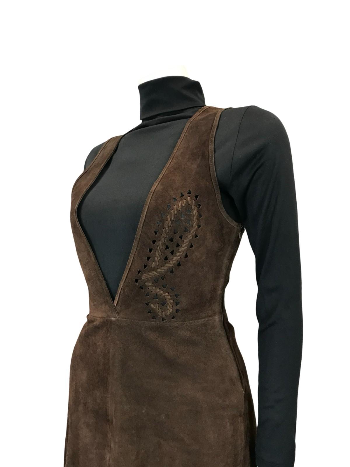 VTG 60S 70S DARK BROWN SUEDE PLUNGE HIPPY BOHO BUTTERFLY PINAFORE DRESS 6 8