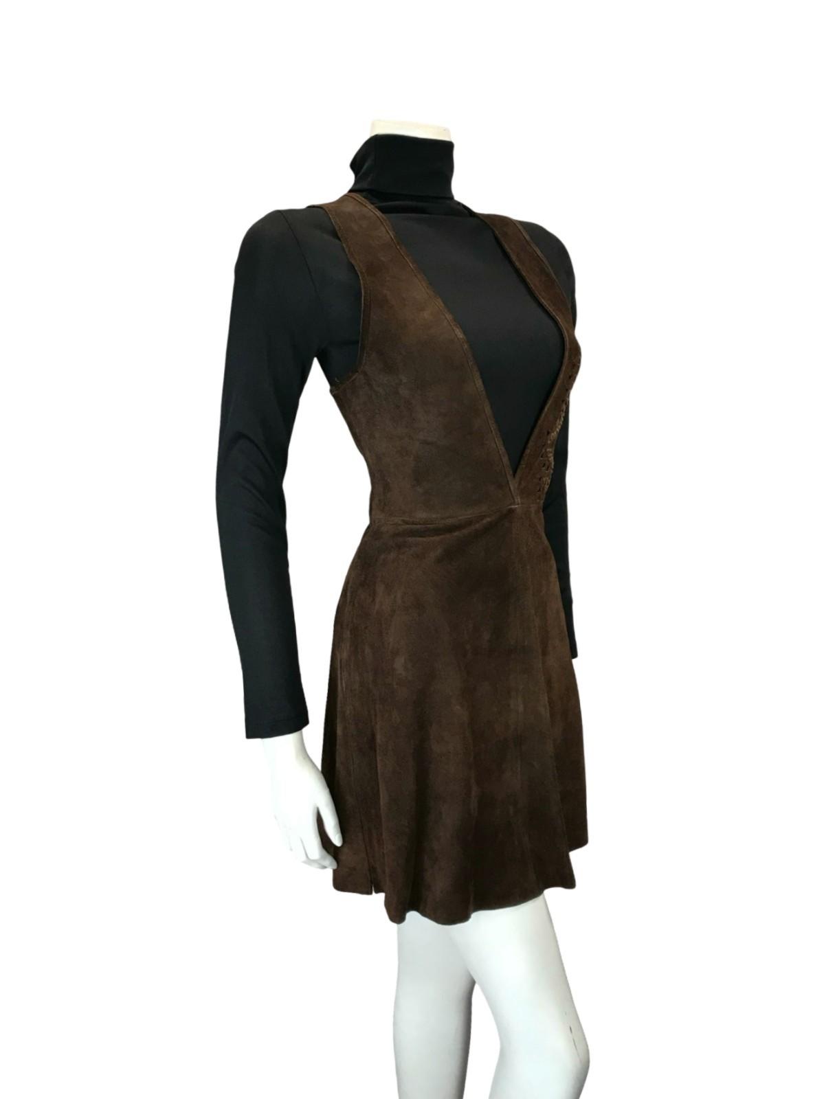 VTG 60S 70S DARK BROWN SUEDE PLUNGE HIPPY BOHO BUTTERFLY PINAFORE DRESS 6 8