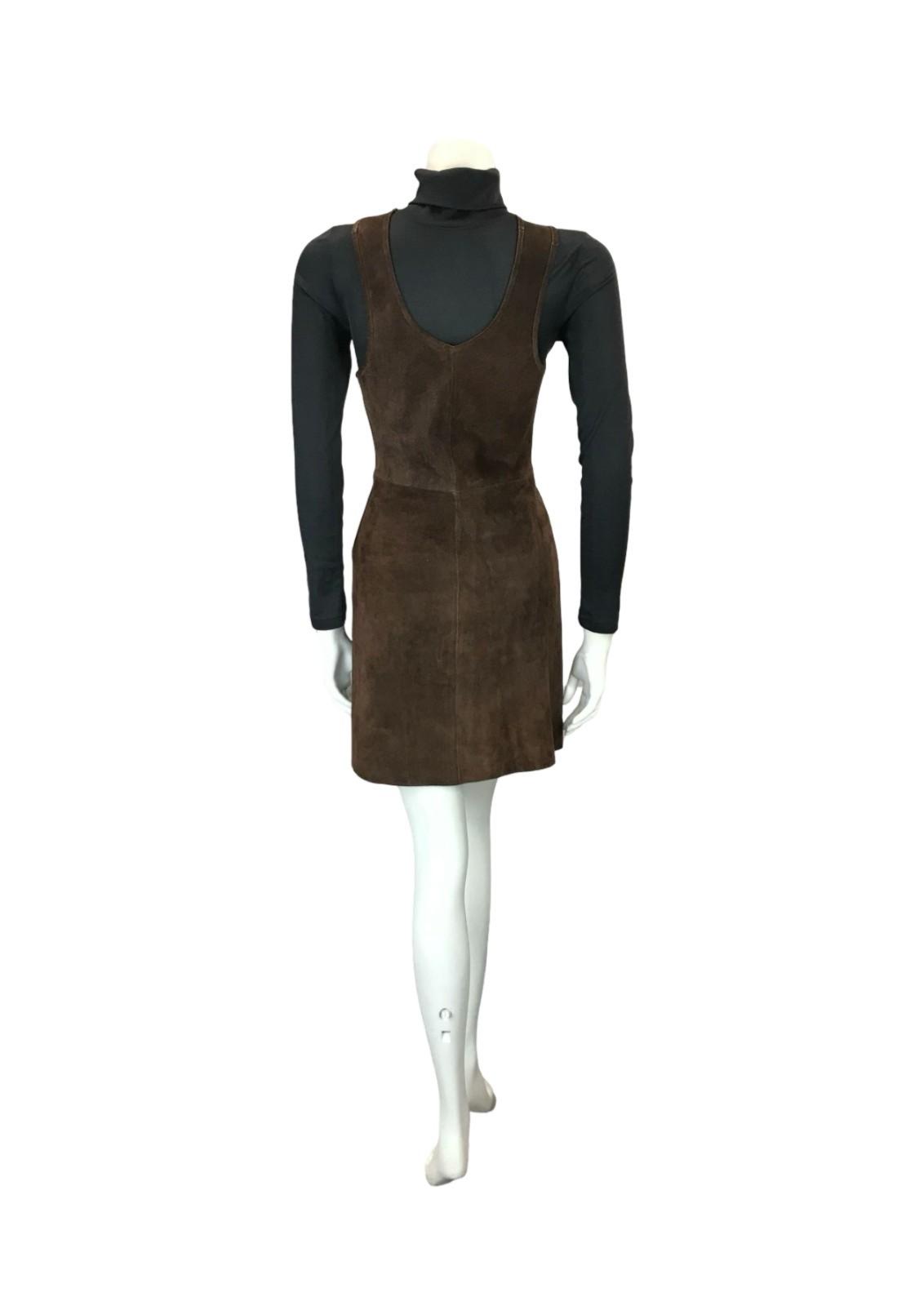 VTG 60S 70S DARK BROWN SUEDE PLUNGE HIPPY BOHO BUTTERFLY PINAFORE DRESS 6 8