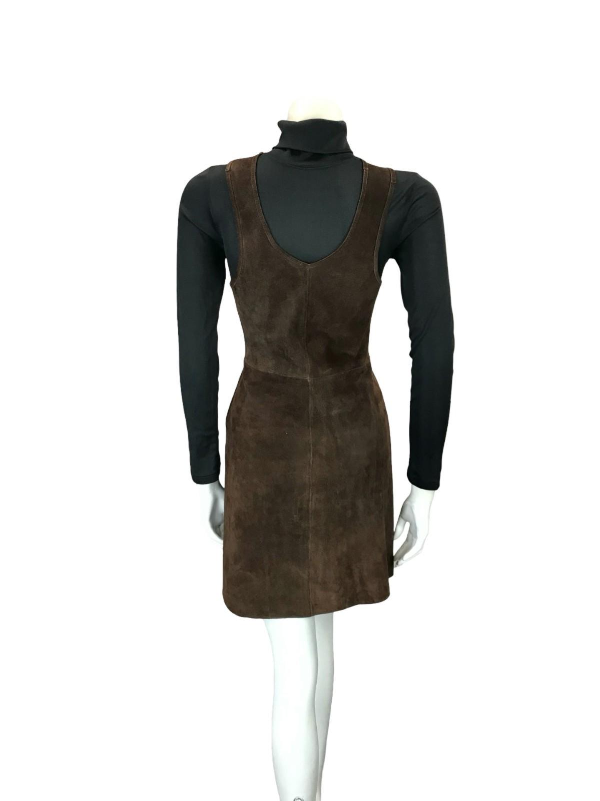 VTG 60S 70S DARK BROWN SUEDE PLUNGE HIPPY BOHO BUTTERFLY PINAFORE DRESS 6 8