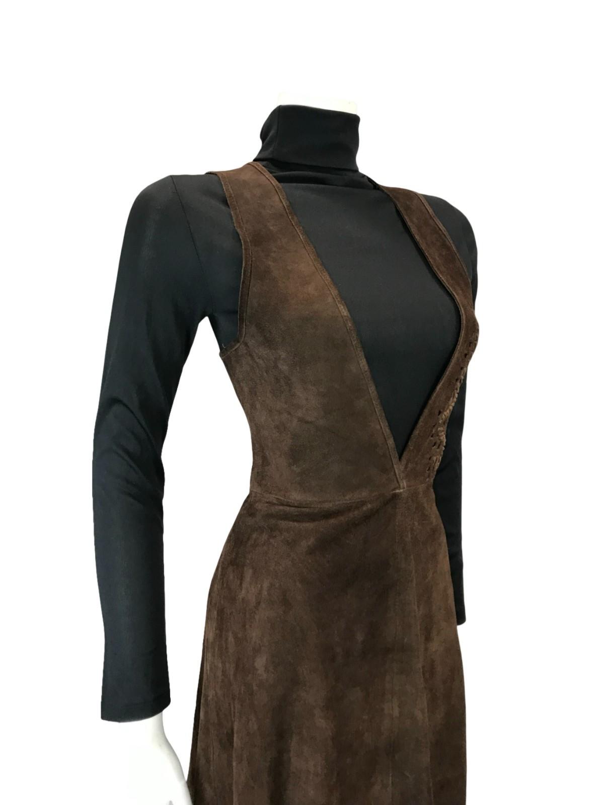 VTG 60S 70S DARK BROWN SUEDE PLUNGE HIPPY BOHO BUTTERFLY PINAFORE DRESS 6 8