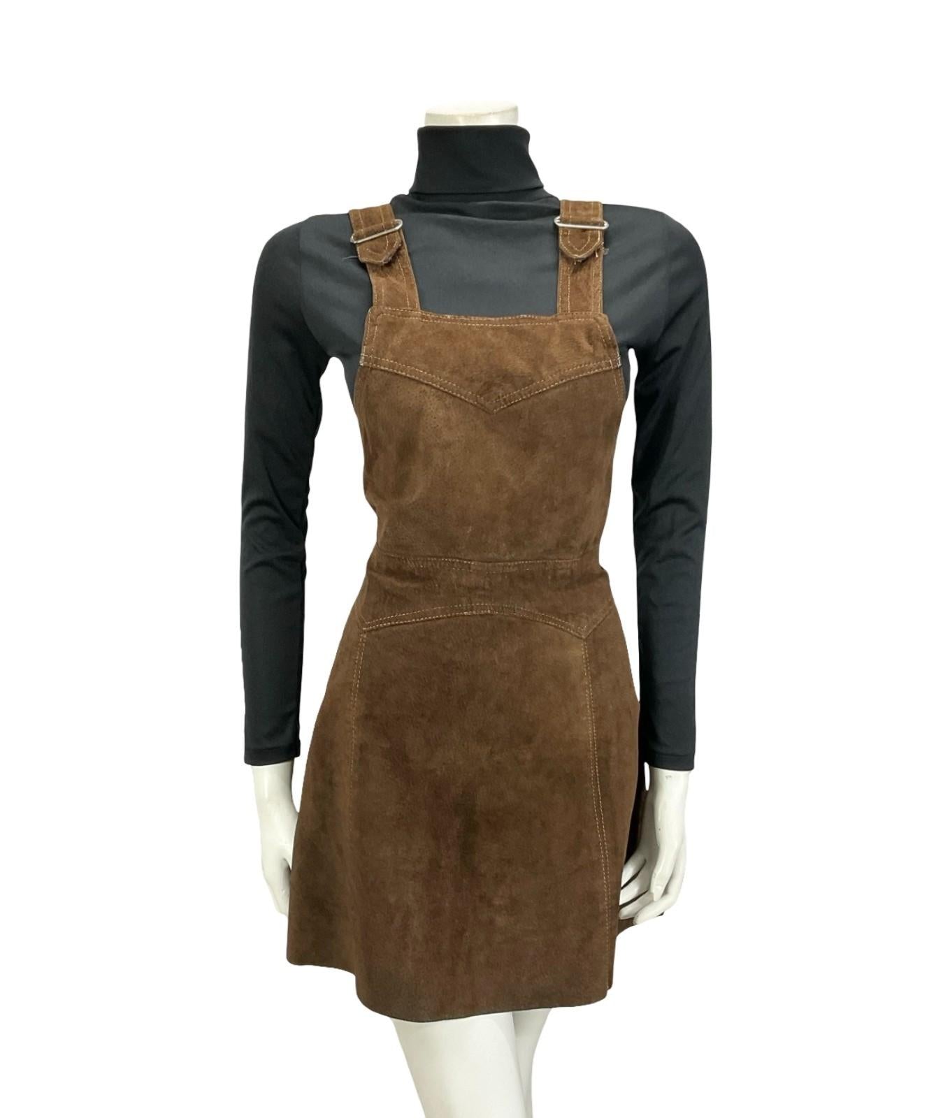 VTG 60S 70S DARK BROWN SUEDE HIPPY BOHO PINAFORE MINI DRESS 10