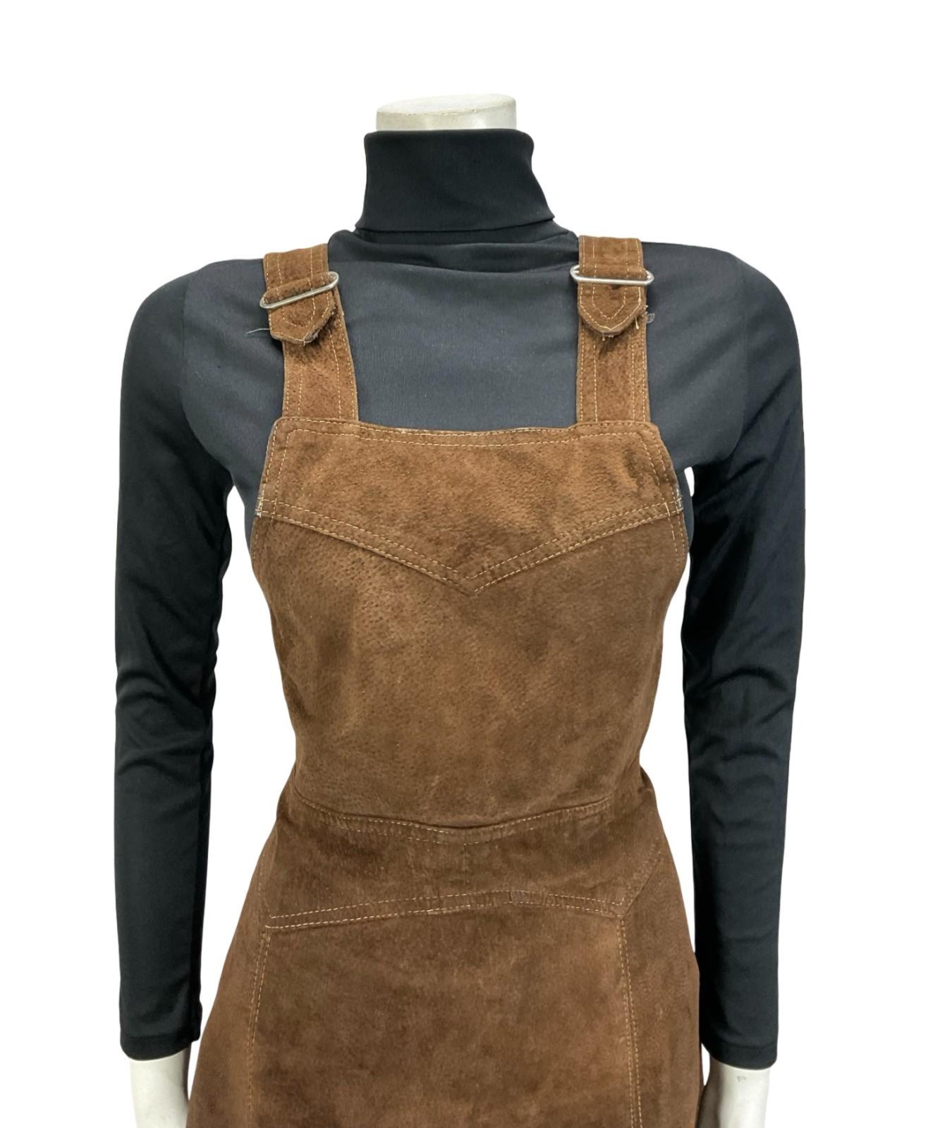 VTG 60S 70S DARK BROWN SUEDE HIPPY BOHO PINAFORE MINI DRESS 10