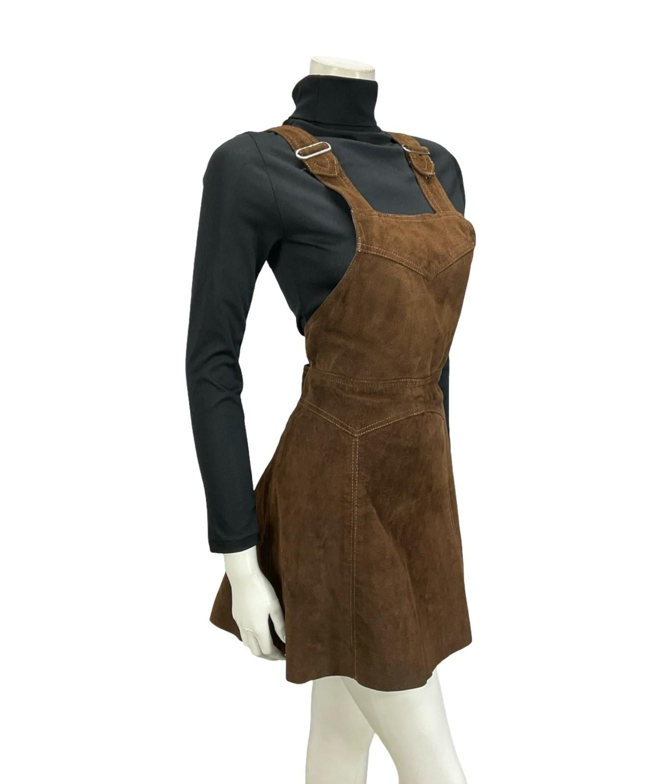 VTG 60S 70S DARK BROWN SUEDE HIPPY BOHO PINAFORE MINI DRESS 10
