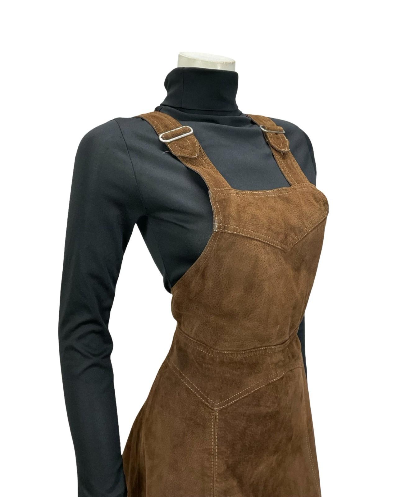 VTG 60S 70S DARK BROWN SUEDE HIPPY BOHO PINAFORE MINI DRESS 10