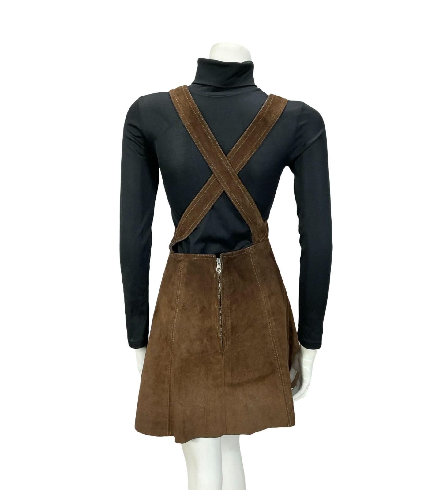 VTG 60S 70S DARK BROWN SUEDE HIPPY BOHO PINAFORE MINI DRESS 10