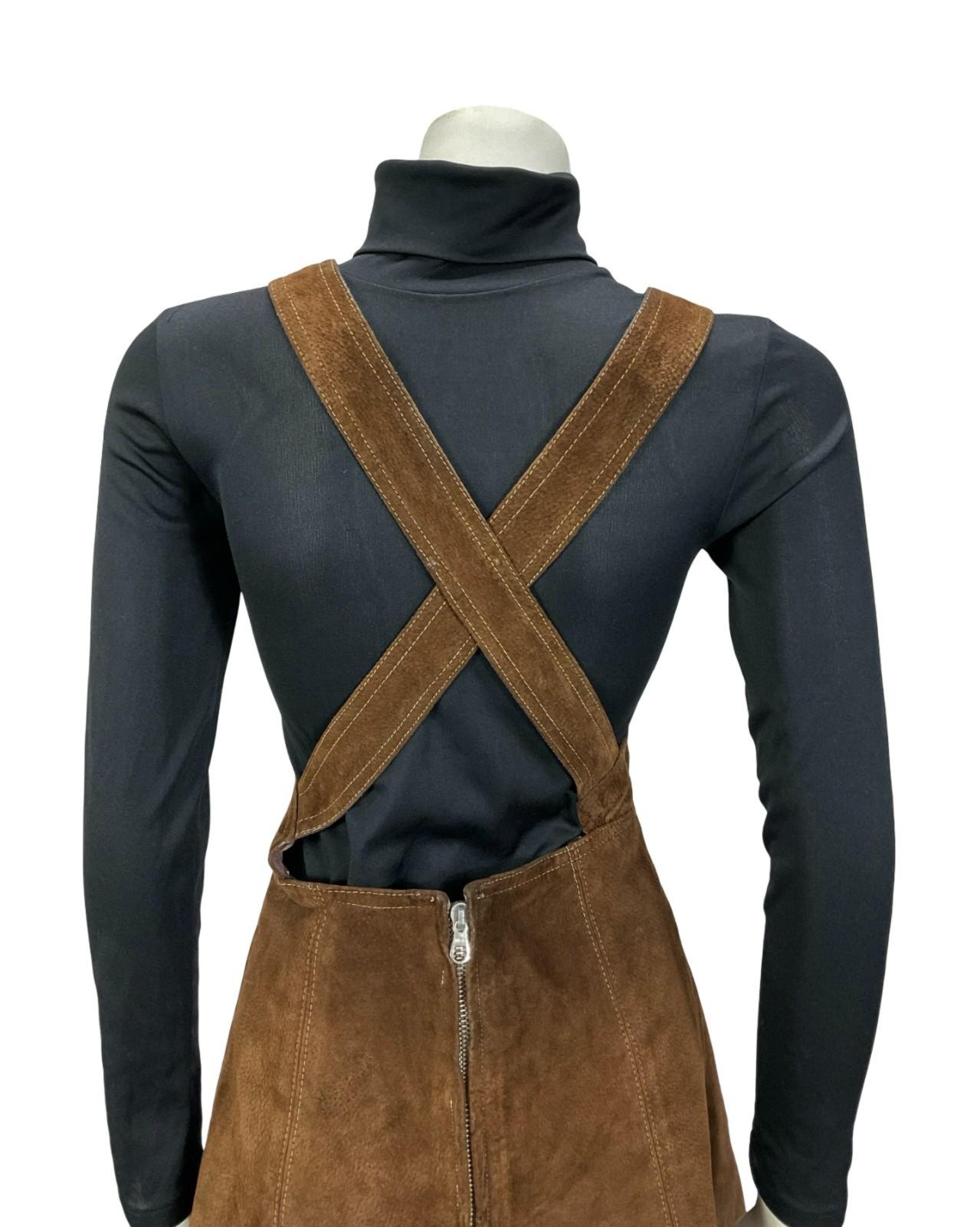 VTG 60S 70S DARK BROWN SUEDE HIPPY BOHO PINAFORE MINI DRESS 10