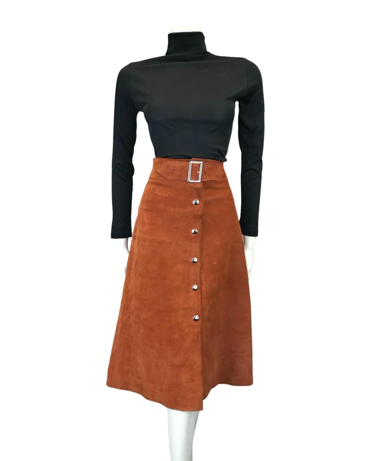 VTG 60S 70S RUSTY BROWN SUEDE HIPPY BOHO SILVER BUCKLE MIDI SKIRT 12