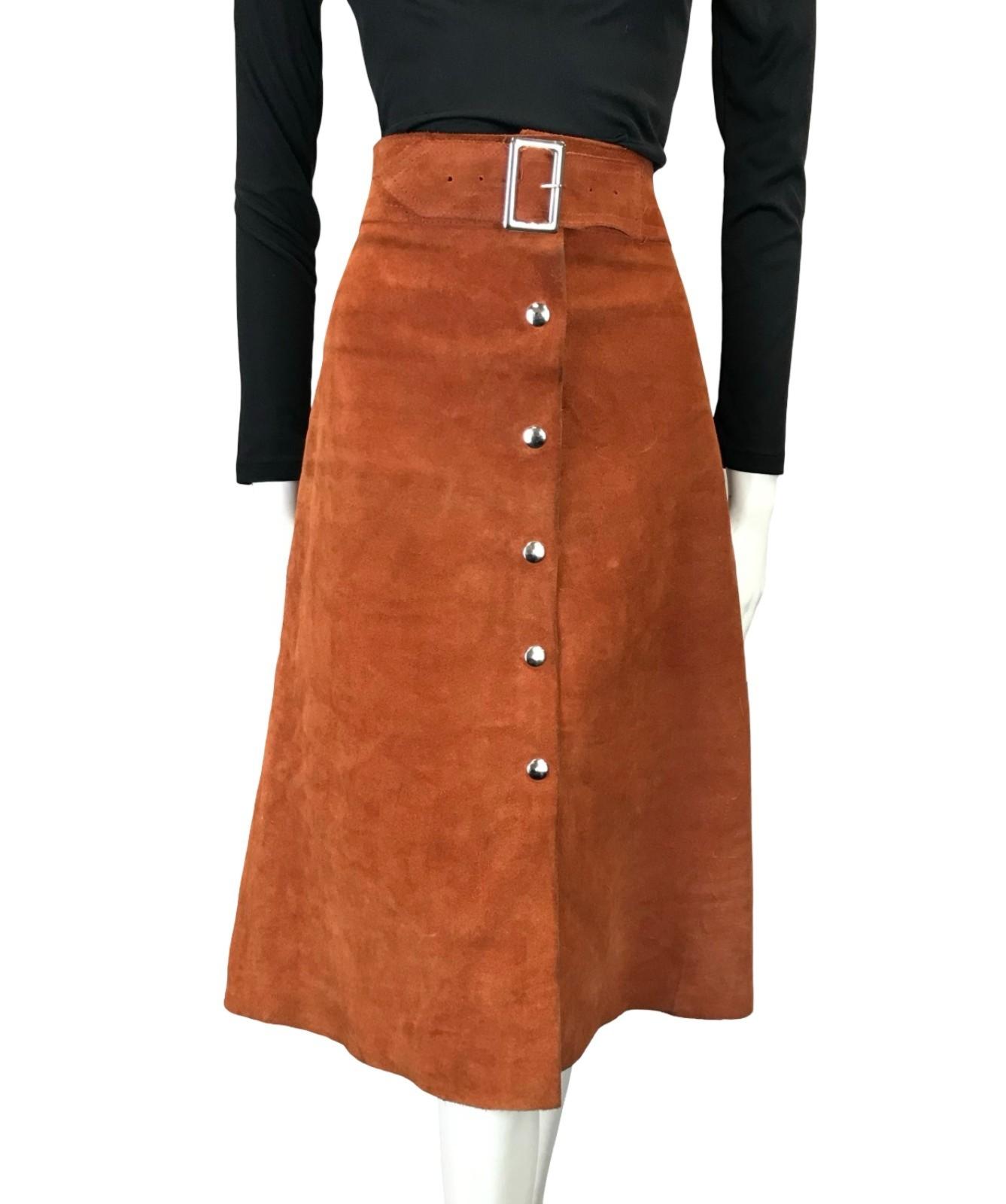 VTG 60S 70S RUSTY BROWN SUEDE HIPPY BOHO SILVER BUCKLE MIDI SKIRT 12