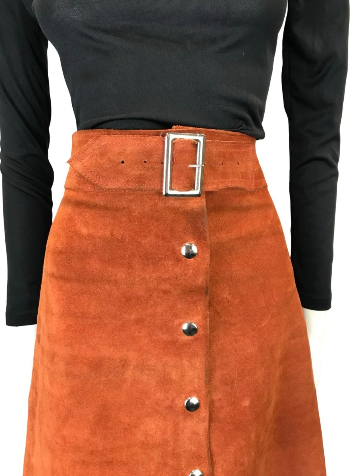 VTG 60S 70S RUSTY BROWN SUEDE HIPPY BOHO SILVER BUCKLE MIDI SKIRT 12