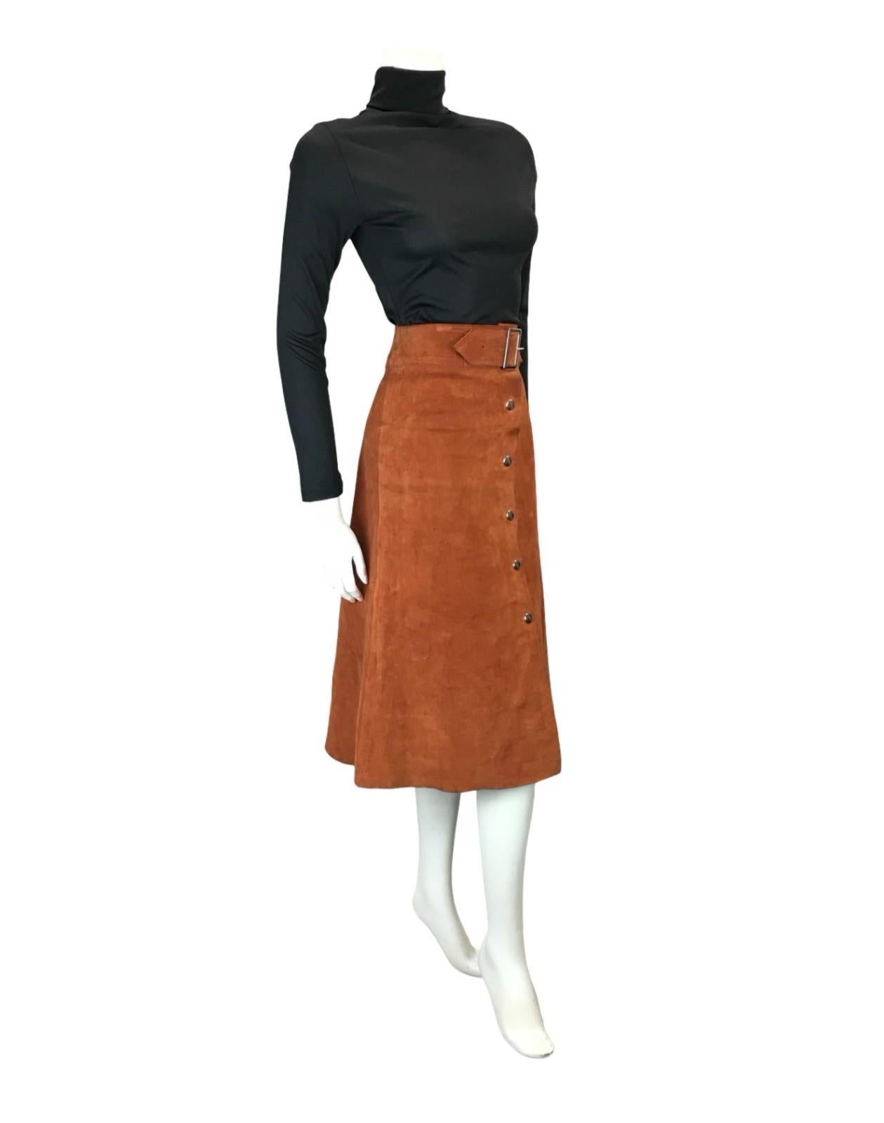 VTG 60S 70S RUSTY BROWN SUEDE HIPPY BOHO SILVER BUCKLE MIDI SKIRT 12