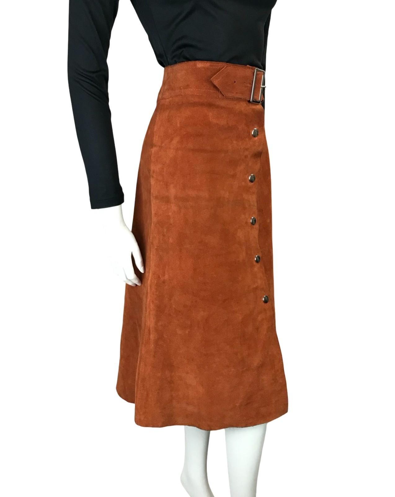 VTG 60S 70S RUSTY BROWN SUEDE HIPPY BOHO SILVER BUCKLE MIDI SKIRT 12
